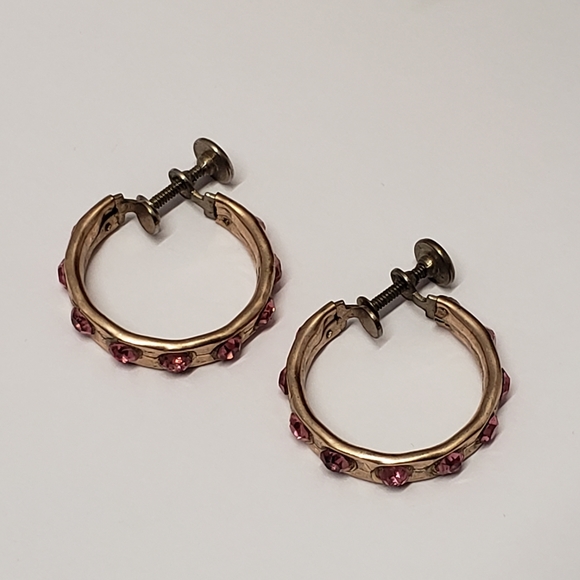 Vintage Gold Plated Pink Crystal Hoop Earrings Screw Back Earrings - Picture 4 of 7